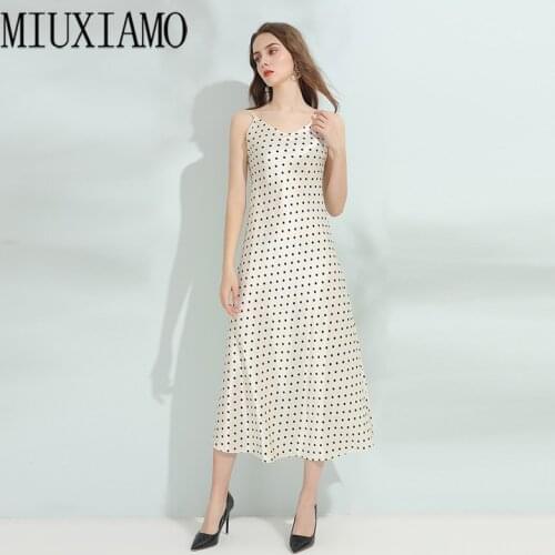 MIUXIMAO 2020 Summer Dress New Arrival High Quality Acetate Dot Print Elegant Slim Casual Long Dress Women Vestidos