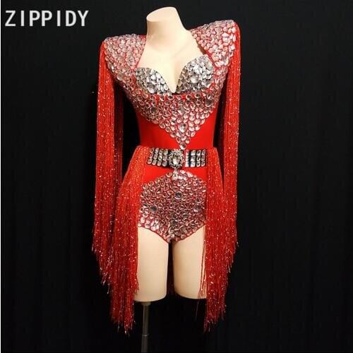 Fashion sexy Rhinestones Tassel Bodysuit Bra Womens Birthday Celebrate Outfit Costume Singer Show Costume Clothes