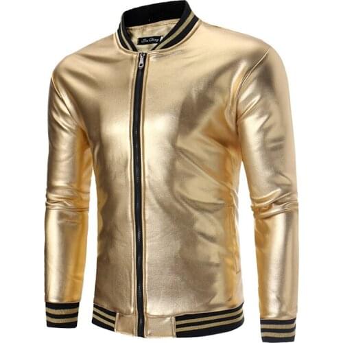Gold Metallic Jacket Men Shiny Glitter Bronzing Zipper Casaco Masculino Casual Bomber Jackets Mens Nightclub Stage DJ Clothes