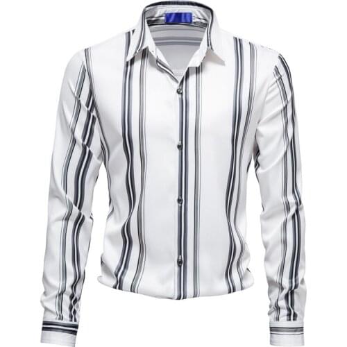 High-quality European and American Style Mens Striped Printed Shirt Long Sleeve Slim Fit Shirt Business Party Shirt