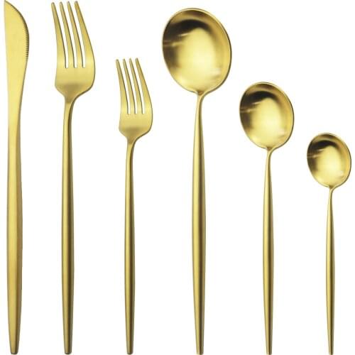 6Pcs/Set Matte Gold Cutlery Set 304 Stainless Steel Tableware Set Knife Fork Dessert Spoon Dinnerware Set Kitchen Silverware Set