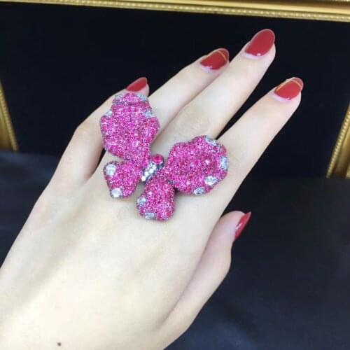 Insect rose red color butterfly cocktail ring adjustable size 925 sterling silver pave stone fine women jewelry free shipping