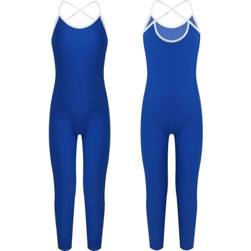 Girls Pure Color Elastic Dance Gymnastics Leotards Kids Jumpsuit Shoulder Straps Cross at Rear Stripe Slim Fit Jumpsuit Bodysuit
