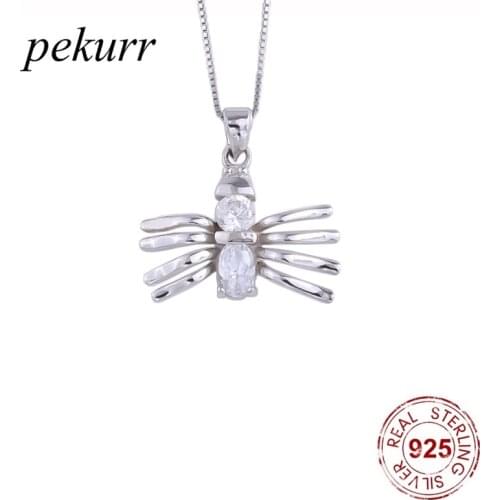Pekurr 925 Sterling Silver Crystal Spider Beetle Necklaces For Women Zircon Insect Pendants Party Halloween Fashion Jewelry