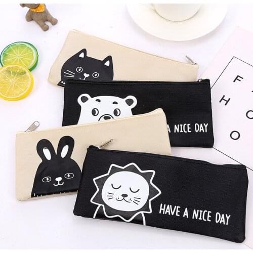 Kawaii Animal Pencil Bag, Creative Simple Canvas Stationery Bag, Cartoon Lovely Large Capacity Pen Bag, School Office Supplies