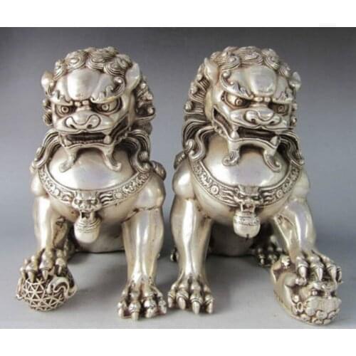 Chinese Silver Bronze Guardian Lion Foo Fu Dog Statue Pair Healing Medicine Decoration 100% Brass Bronze crafts decoration