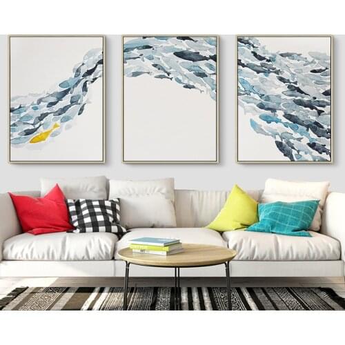 Modern Simple Blue Flowing Fish Picture Core Living Room Sofa Background Wall Decoration Painting Bedroom Frameless Murals