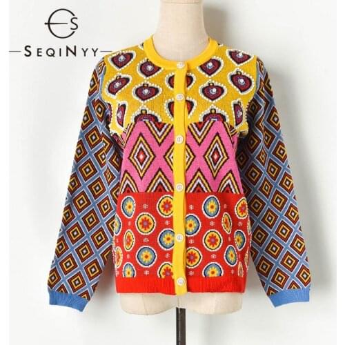 SEQINYY Flowers Print Sweater 2020 Autumn Winter New Fashion Beading Orange Casual Cardigans