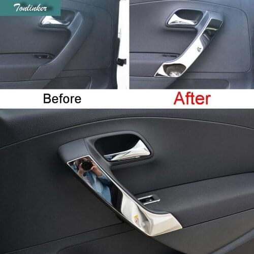 Tonlinker 4 pcs DIY Car style New Stainless Steel The Door Armrest Light Cover Sticker For Volkswagen POLO Hatchback
