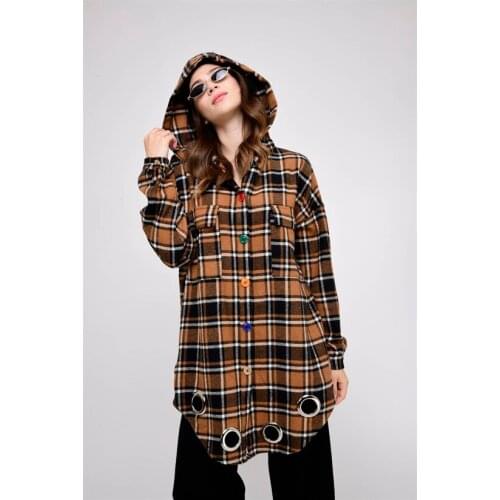 Hooded Plaid Pattern Brown Ring And Color Button Detailed Winter Lumberjack Shirt For Women 2021 New Fashion Clothing Xs To 4xl
