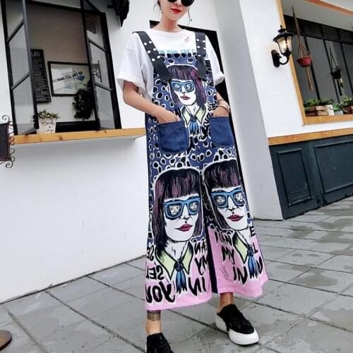 Cartoon Printed Women Overalls Pants 2021 Women Fashionable Wide Leg Pants Female Streetwear Loose Pants C372