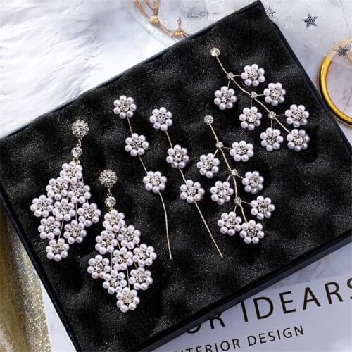 New Full Pearl Flower Personality Tree Branch Earrings for Women Long Shiny Rhinestone Tassel Exaggerated Dangle Jewelry EC1392