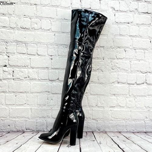 Olomm Women Winter Thigh Boots Shiny Side Zipper Block Heels Round Toe Elegant Black Casual Shoes Plus US Size 5-15