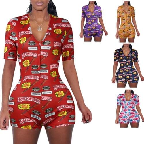 Womens Sexy Deep V Neck Short Sleeve Jumpsuit Floral Home Wear Bodysuit One Piece Pajama Overall Outfits