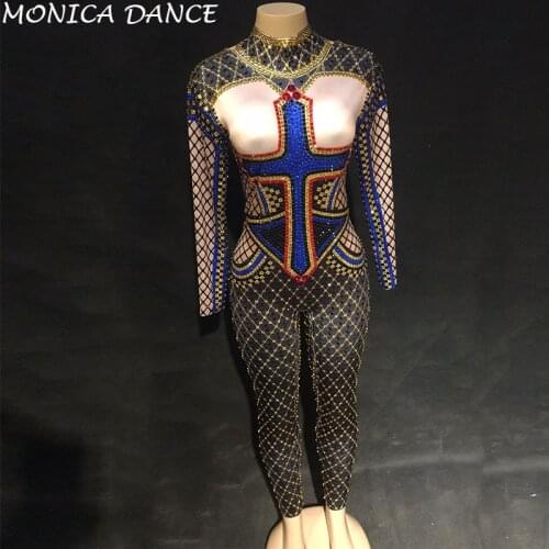 Women Sexy Stage Jumpsuit Blue Sparkle Crystals Bodysuit Nightclub Birthday Party Performanc Stage Wear Bling Dance Costumes