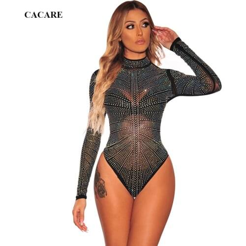 CACARE Sexy Bodies Ladies Mesh Bodysuits 2019 Body Long Sleeve Body Femme Sexy F2978 Black with Luxury Rhinestones