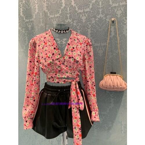 Pink New 2021 Spring/Summer Floral Deep V Waist Retro Long Sleeve Top Sicily High Quality Runway