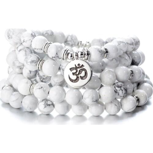 Howlite Stones Lotus Buddha Tree of Life OM Charm Bracelet Multi-layer Stretchy 108 Beaded Chakra Yoga Bracelets bangles