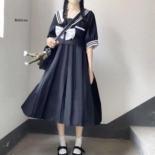 Women Dress Autumn Japanese Dark Style Navy Collar Long Sleeve Sweet Bow High Waist Pleated JK Sailor Dress school girl uniform