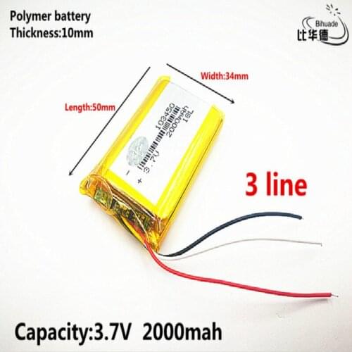 1pcs/lot 3 line Good Qulity 3.7V,2000mAH,103450 Polymer lithium ion / Li-ion battery for TOY,POWER BANK,GPS,mp3,mp4