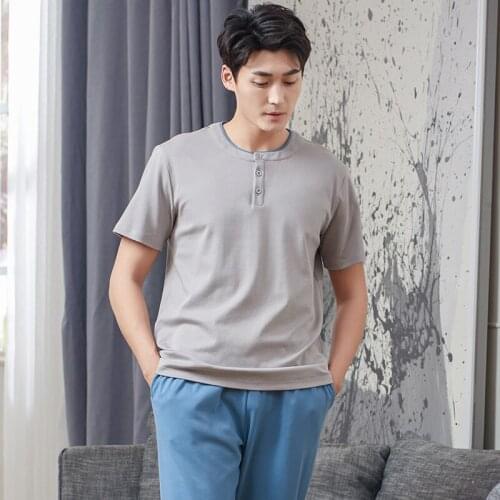 Men Round Neck Pajamas Set Summer Full Pure Cotton Male Pyjamas Solid Men Home Set Sleepwear Short-sleeve Tops + Long Pants 2pcs