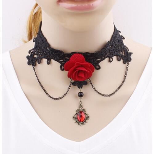 2020 New Arrival Ladies Fashion Sexy Cloth Red Rose Black Chain Red Acrylic Crystal Pendant Necklace Woman Clavicle Chain