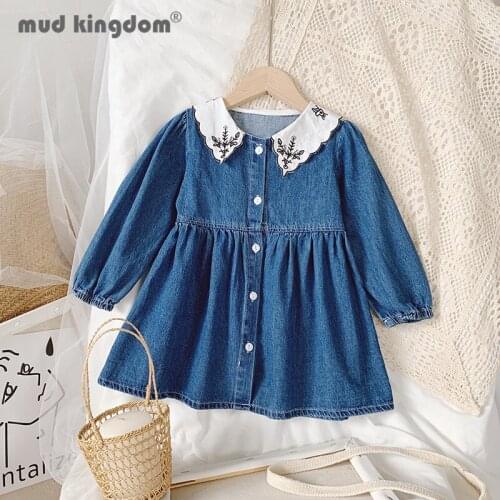 Mudkingdom Little Girl Denim Dress Embroidery Turn-down Collar Puff Sleeve Button Fashion Dresses for Girls Long Sleeve Clothing