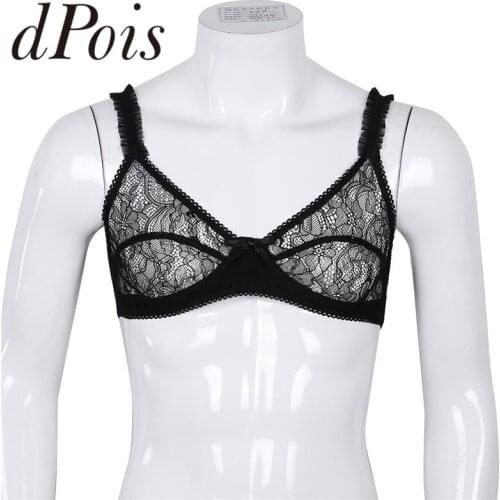 Mens Soft See Through Sheer Floral Lace Lingerie Adjustable Spaghetti Straps Wire-free No Padded Bralette Men Bra Tops