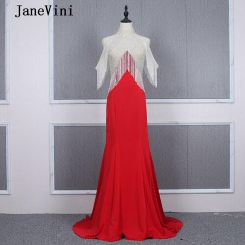 JaneVini Newest Designer Luxury Red Evening Dresses High Neck Shiny Beading Long Tassel Sleeveless Sexy Dubai Satin Formal Dress