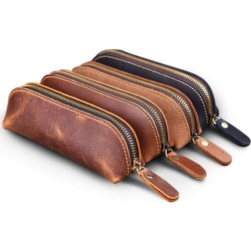 2021 New Handmade Genuine Leather Pencil Bag Vintage Cowhide Zipper Pen Case School Bag