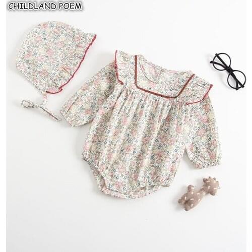 Newborn Girls Romper Summer Spring Baby Girls Clothes Long Sleeve Floral Princess Infant Toddler Baby Jumpsuit for Girl With Hat