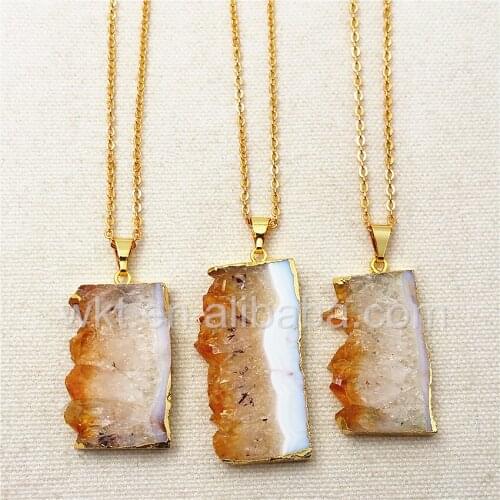 WT-N829 Charm Slice Yellow Stone Necklace Wholesale,Natural Stone Slice Stone Pendant rectangle Shape Gold Necklaces