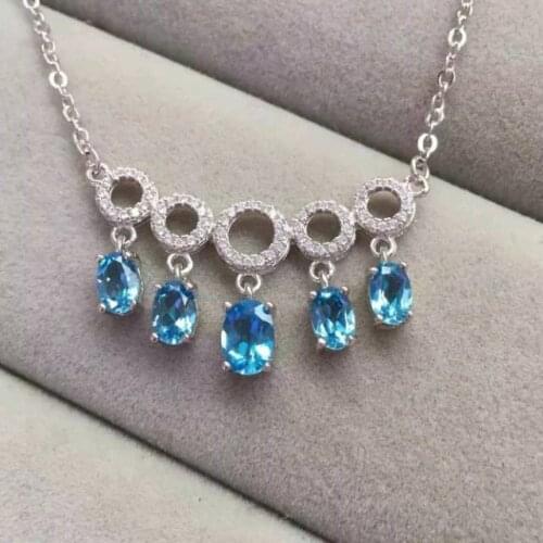 Natural blue topaz stone Necklace natural gemstone Pendant Necklace S925 silver Fashion Elegant water drop Circle women Jewelry