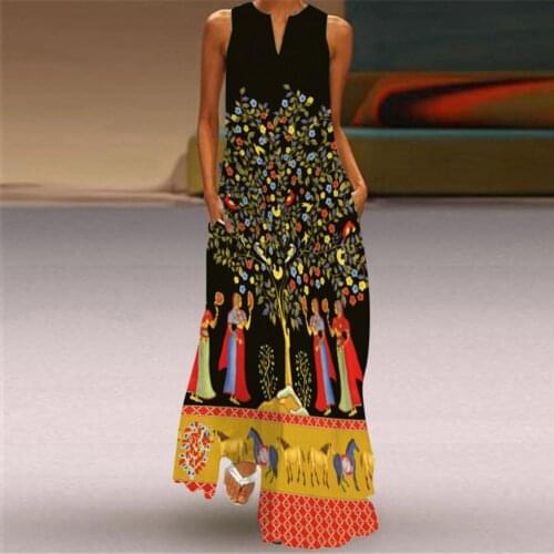 Summer Women Plus Size Maxi Dress Digital Print Daily Sleeveless Vintage Boho Dress White V Neck Long Party Dresses For Women