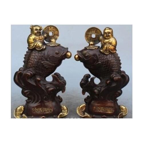 RHS0200 9" Chinese Bronze Gilt Money Wealth Rich Lad Boy Girl Garr Ride Fish Statue Pair