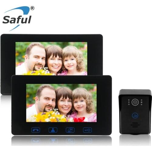 Saful 7" Video Door Phone Screen Wired Intercom System Unlock Function Night Vision 1 Waterproof Door IR Camera + 2 Monitor