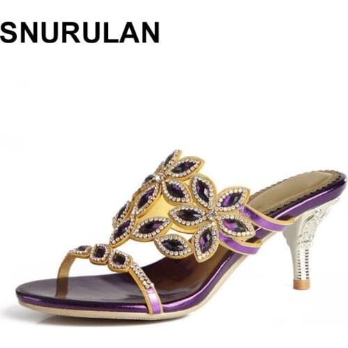 SNURULAN Womens slippers made of genuine leather with high heels with an open toe and decoration in the form of a plum flower