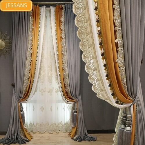 European Style Light Luxury Pure Color Velvet Lace Stitching Blackout Curtains for Living Room and Bedroom Customized Products