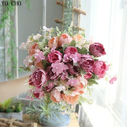 YO CHO Artificial Flowers Peony Bouquet Pink Rose Red Silk Bridal White Peony Bouquet Wedding Flowers Home Party Decoration Rose