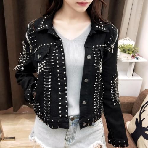 European and American street womens spring and autumn new fashion heavy work rivet pin slim short jacket denim jacket TB190301