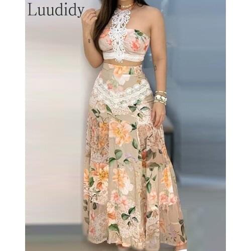 Women Sexy 2 Piece Sets Eyelet Lace-up Floral Lace Hem Top & Skirt Sets Dress