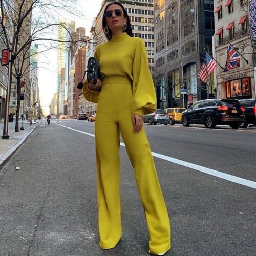 Womens Jumpsuit Elegant Rompers Lantern Sleeve Loose High Waist Wide Leg Jumpsuit Long Pants Trousers Female Overalls Outfits