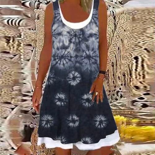 Fake Two Piece Beeach Dress Women Summer Sleeveless Sundress U-neck A-line Short Casual Tie-dye Printed Loose Dress Vestidos