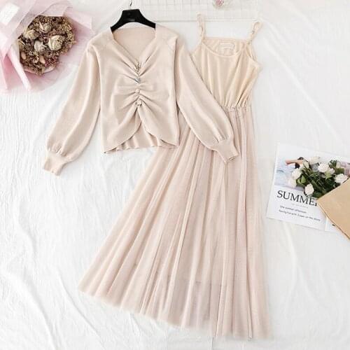 Spring high quality Knitted Dress Women Elegant V Neck Lantern sleeve sweet Sling Mesh Dress Solid A-line Midi Dress 2 Piece Set