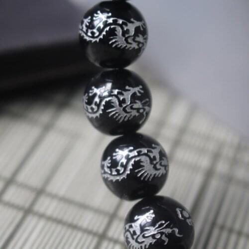 10Piece/lot 8mm 10mm 12mm 14mm Glass beads Black Color with carving Silver Color dragon Fashion Beads For jewelry making