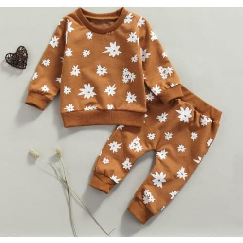 2 Pcs Fall Autumn Newborn Baby Flower Print Clothes Set Baby Girls Long Sleeve Round Neck Pullover Trousers Outfits Costume