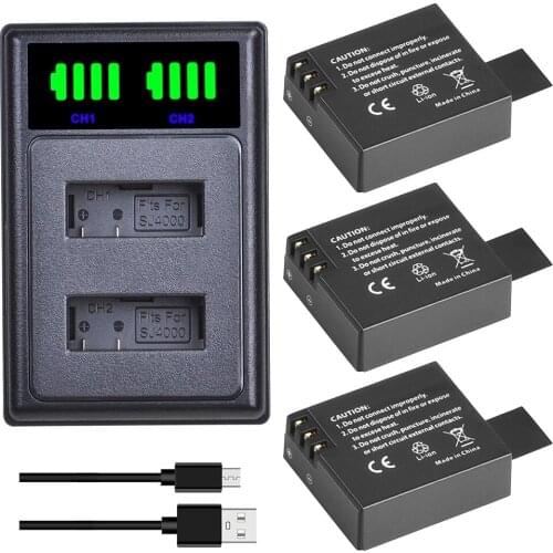 3Pcs SJ4000 PG1050 1350mAh Li-ion Batteries + LED Dual USB Charger for SJCAM M10 SJ5000 SJ5000X For EKEN H9 H9R H8R H8 GIT PG900