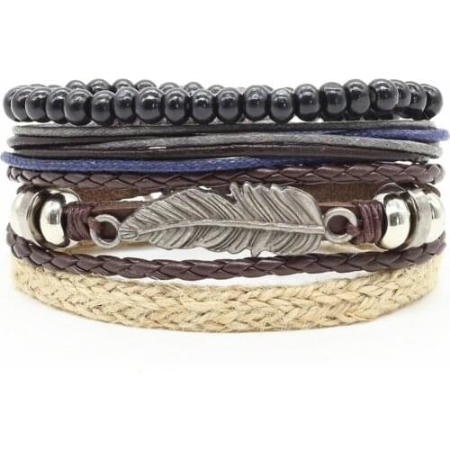 4pcs/set Fashion Vintage Wood Bead Handmade Punk Feather Charm Female Femme Homme Male Men Leather Bracelet For Women Jewelry
