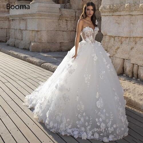 Booma Ball Gown Wedding Dresses Sweetheart 3D Flowers Illusion Pleated Top Bride Dresses Lace Up Long Tulle Bridal Gowns vestido