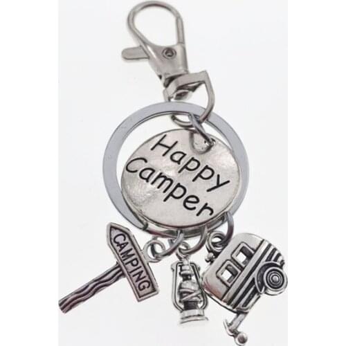 Happy Camper Charm Keychain Kerosene lamp Key Ring Camping, Wanderlust, Campers Key Ring, RV Keychains, Camp Lovers Gifts
